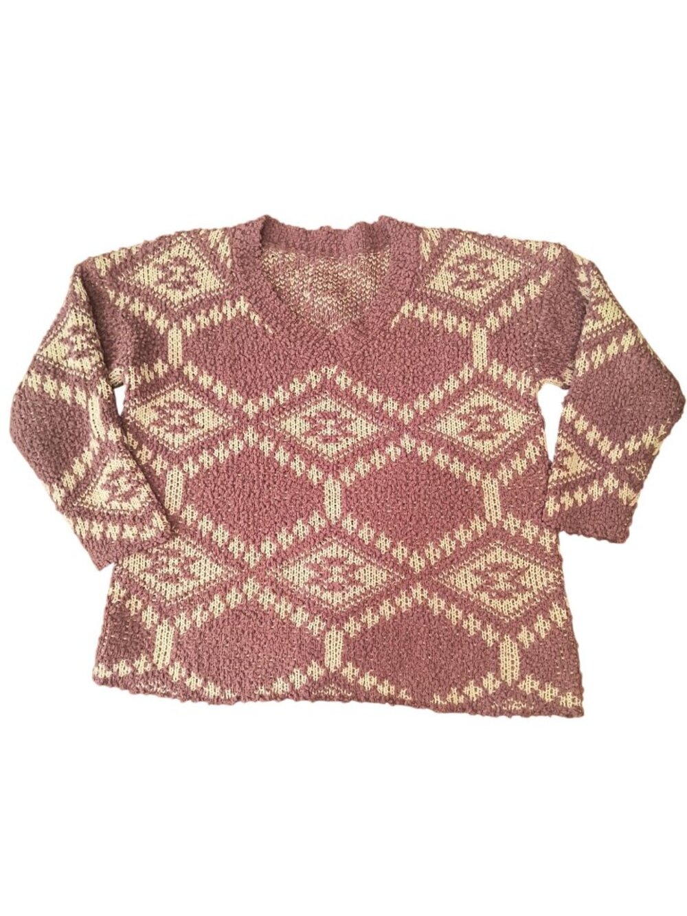 Chunky Knit Purple & White Geometric Sweater 2XL Cozy Soft Blend V-Neck 27" Pit